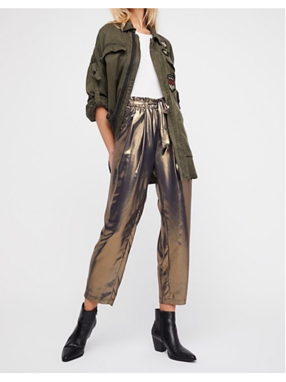 Free People "Le Melange" Metallic Gold Paperbag Trousers Size S (18” waist)